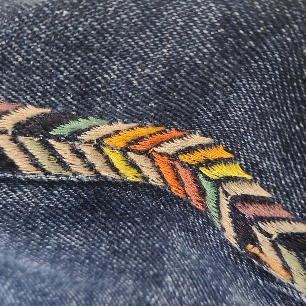 Knox Rose Women's Distressed Blue Jeans with Colorful Embtoidered Side Stripes. - Picture 6 of 6